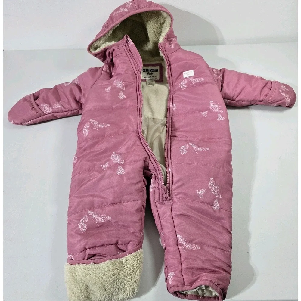 Osh‎ Kosh Bgosh Girl Snow Suit  Pink Butterfly Hand & Feet Covers Sz 6-9 Months